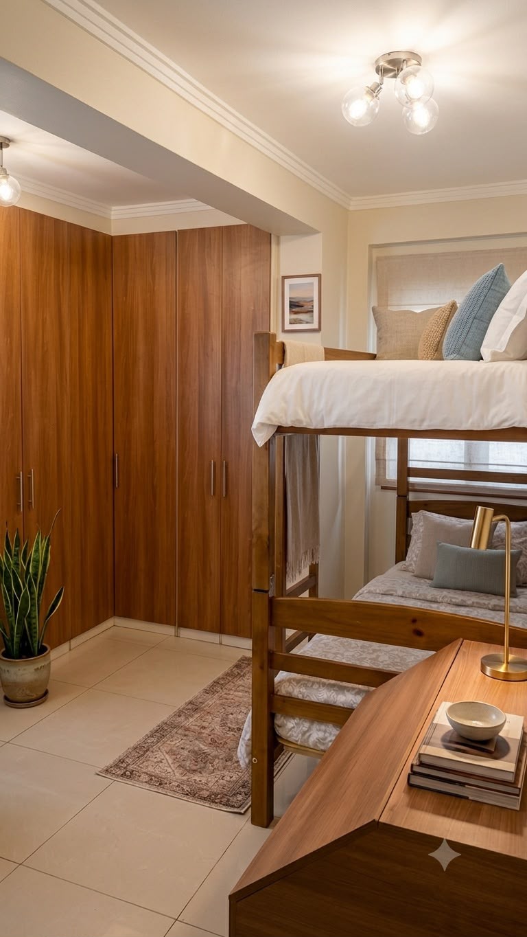 Quarto de acolhimento com camas arrumadas e armários de madeira